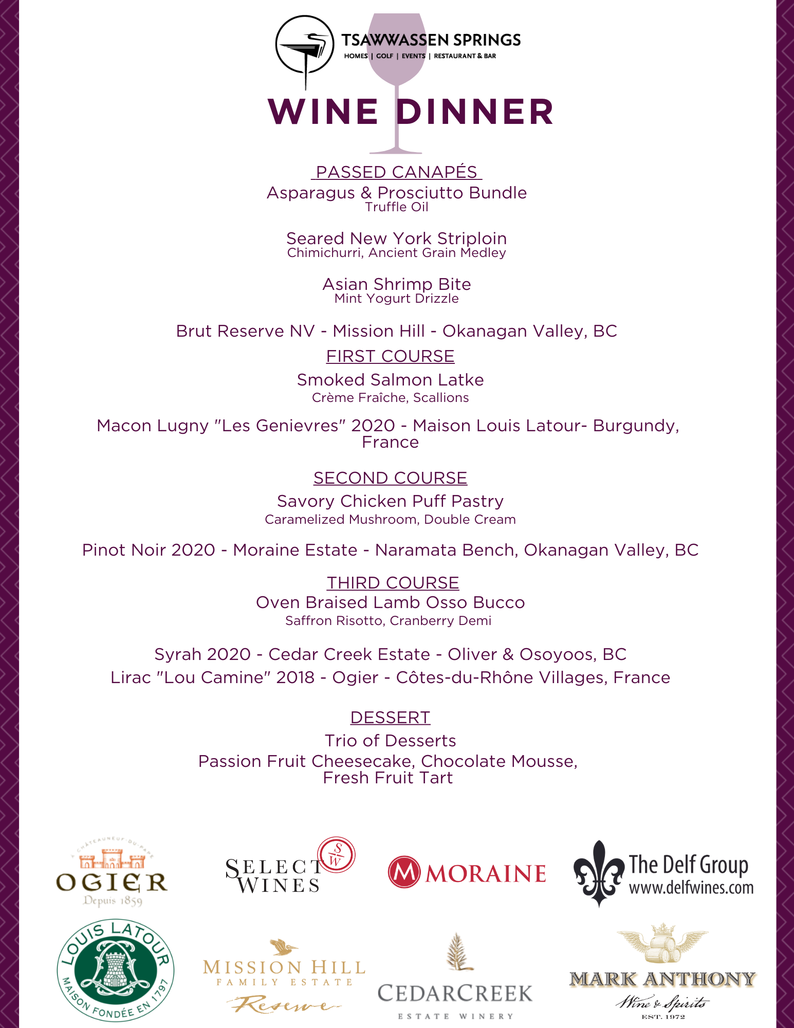 Exclusive Wine Dinner SOLD OUT Pat Quinn's Restaurant & Bar